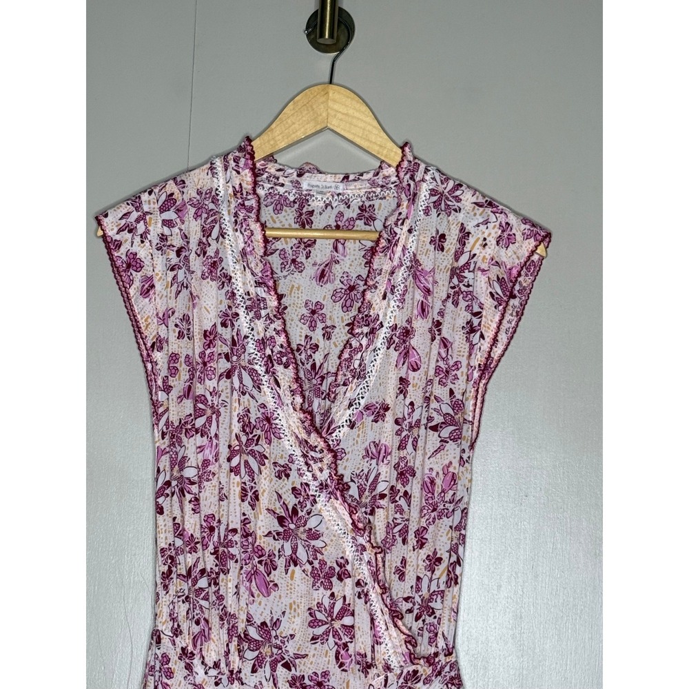 Poupette St Barth Pink Floral Smocked Mini Dress XS Lace Trim Faux Wrap - Picture 2 of 7